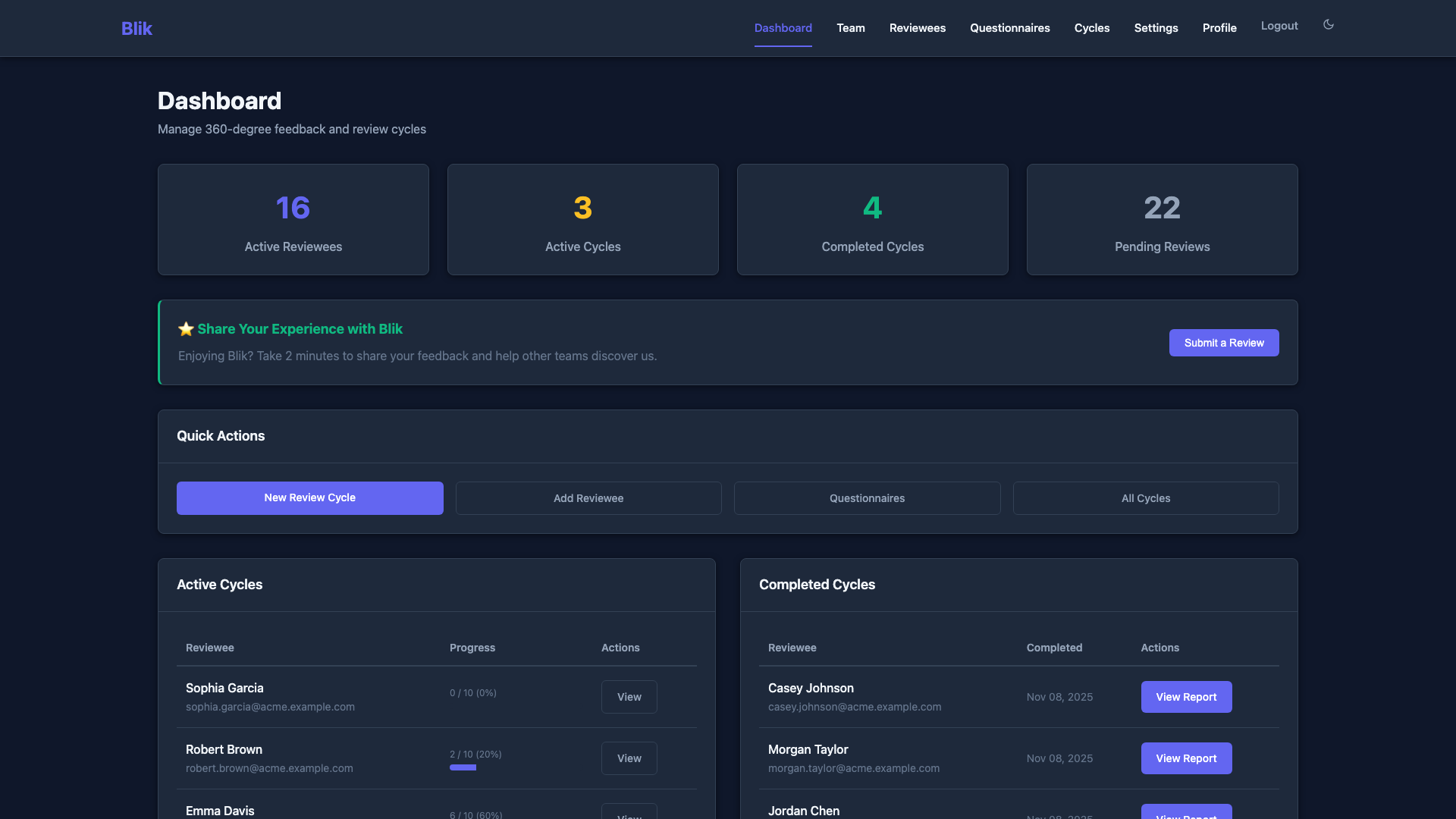 Open source performance management dashboard showing active review cycles and progress